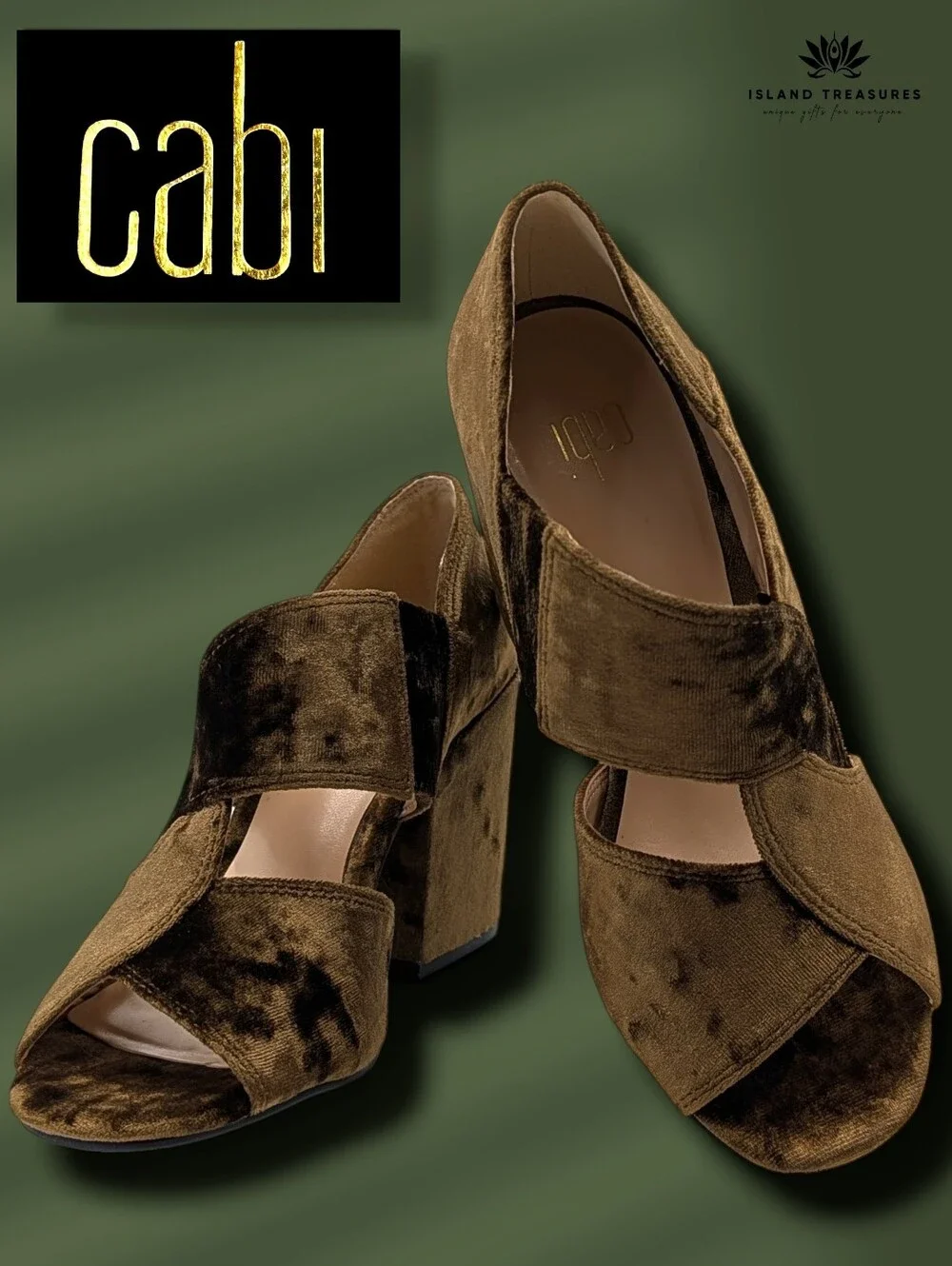CAbi Interlock Sz 6 Crushed Velvet Sandal Olive Green Peep Toe Block Heel